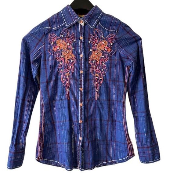Roar Tops - Roar Embroidered Western Plaid Shirt Orange Rhinestone Embellished Button Up Med